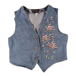 Sunbelt Vintage Denim Vest With Hand painted Floral Detail 1980s One Size